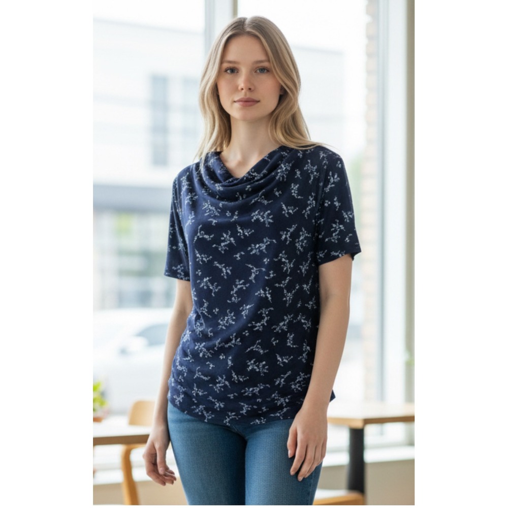 Ann Taylor Petite Navy Floral‎ Cowl Neck Short Sleeve Top Size Small Petite